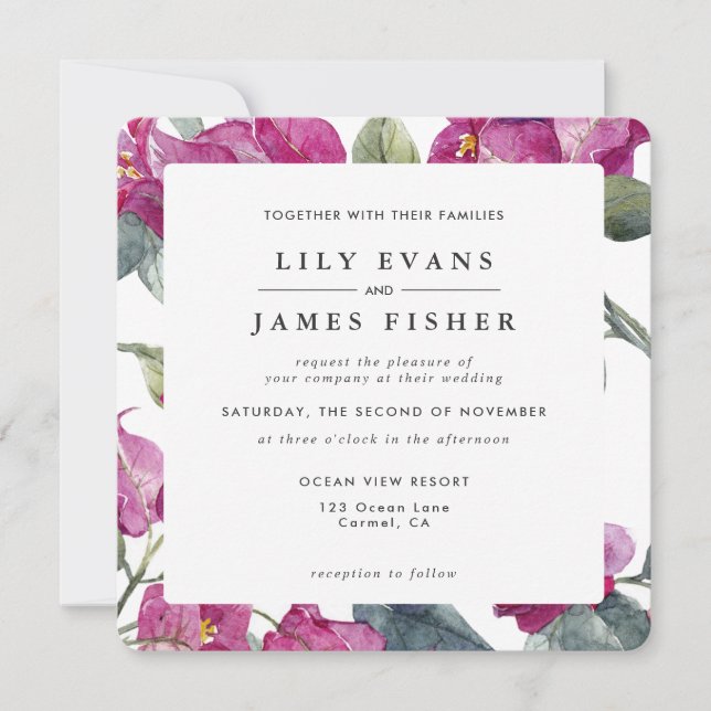 Bougainvillea Burgundy Pink Green Floral Wedding I Invitation (Front)