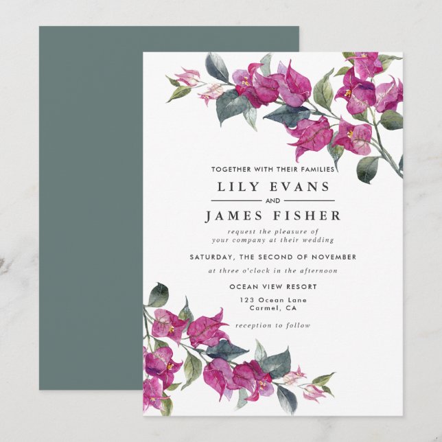 Bougainvillea Burgundy Pink Green Floral Wedding Invitation (Front/Back)