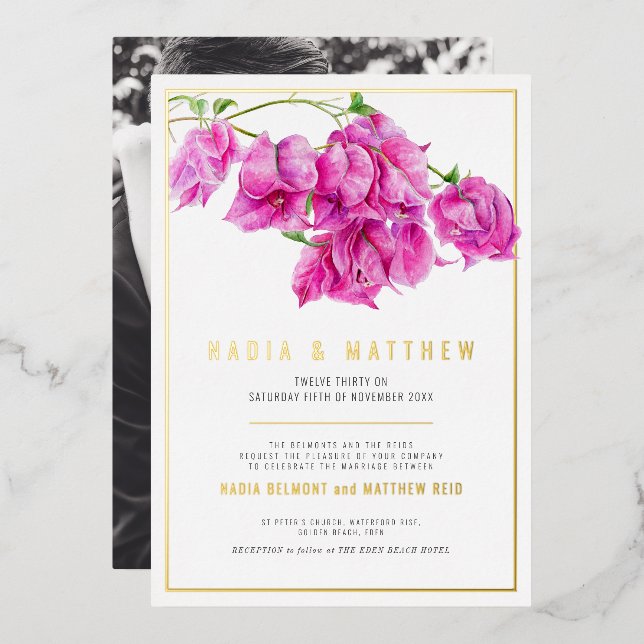 Bougainvillea gold pink purple watercolor wedding (Front/Back)