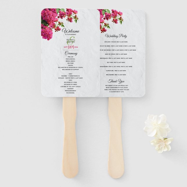 Bougainvillea Greek Island Wedding Program Hand Fan (Front and Back)