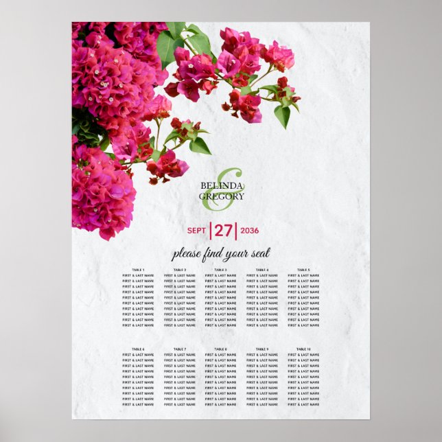 Bougainvillea Greek Island Wedding Seating Chart (Front)