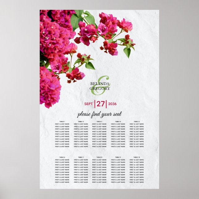 Bougainvillea Greek Island Wedding Seating Chart (Front)
