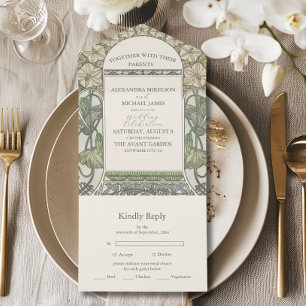 Bougainvillea Green Art Nouveau Mucha Wedding All In One Invitation