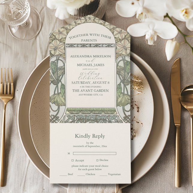 Bougainvillea Green Art Nouveau Mucha Wedding All In One Invitation (Creator Uploaded)