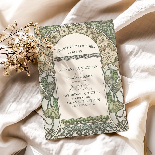 Bougainvillea Green Art Nouveau Mucha Wedding Invitation (Creator Uploaded)