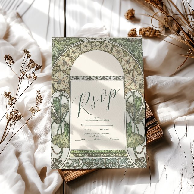 Bougainvillea Green Art Nouveau Mucha Wedding RSVP Card (Creator Uploaded)