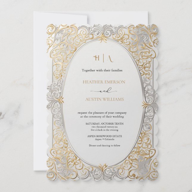 Bougainvillea Green Gold Wedding Art Nouveau Mucha Invitation (Front)