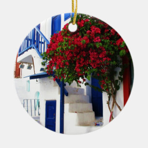 Bougainvillea growing on house in Mykonos, Greece Ceramic Tree Decoration