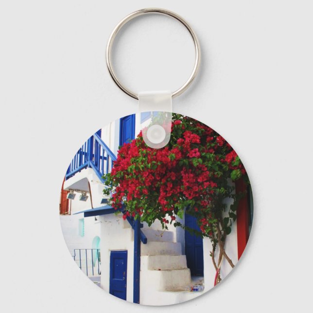 Bougainvillea growing outside a house, Mykonos Key Ring (Front)