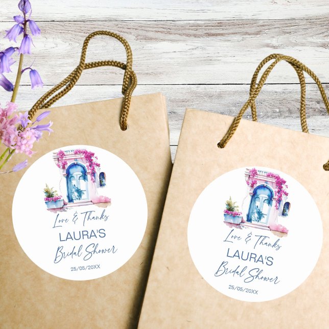 Bougainvillea Mediterranean bridal shower favour Classic Round Sticker (Bougainvillea Mediterranean themed bridal shower thank you favor Sticker bridal shower favors pink)