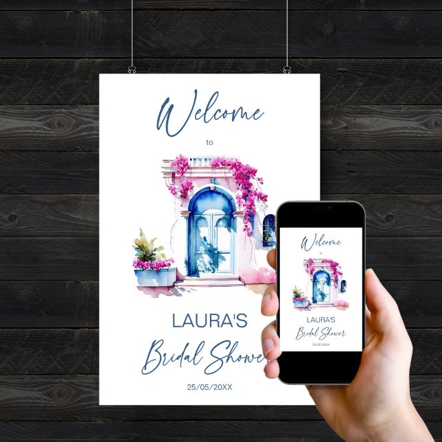 Bougainvillea Mediterranean bridal shower welcome Poster (Bougainvillea Mediterranean themed bridal shower template welcome sign Poster digital download)