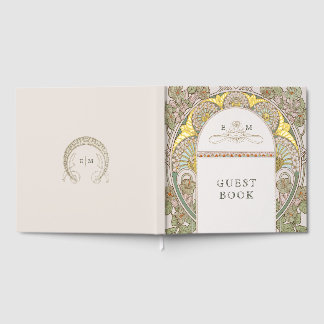 Bougainvillea Navy Blue Gold Wedding Art Nouveau Guest Book