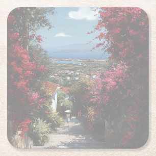 Bougainvillea path Watercolor Square Paper Coaster