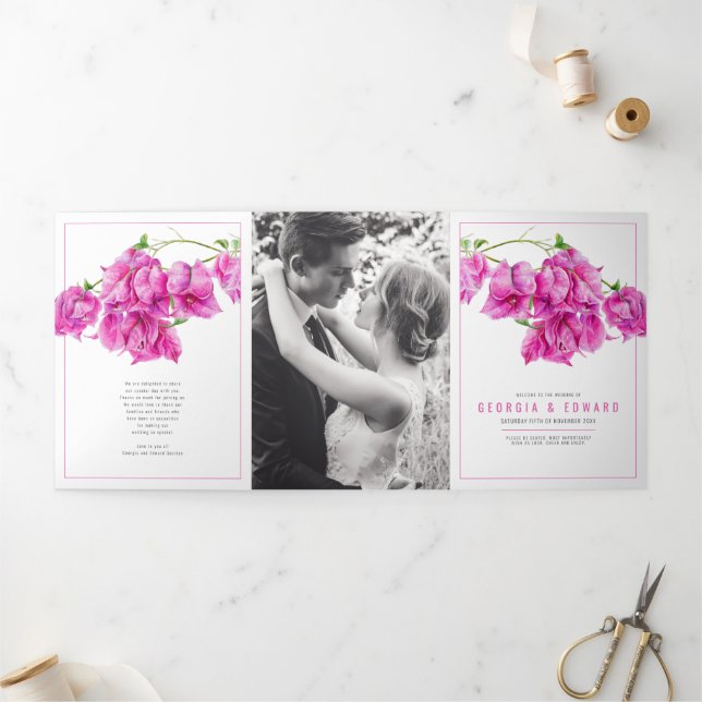 Bougainvillea pink flowers watercolor wedding Tri-Fold programme (Outside)