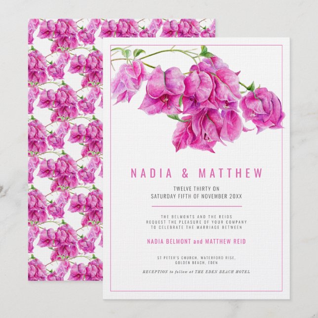 Bougainvillea pink purple watercolor wedding invitation (Front/Back)