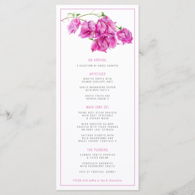 Bougainvillea pink purple watercolor wedding menu (Front)
