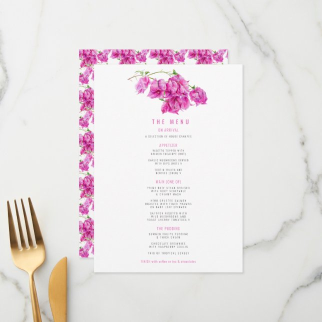 Bougainvillea pink purple watercolor wedding menu (Front/Back In Situ)