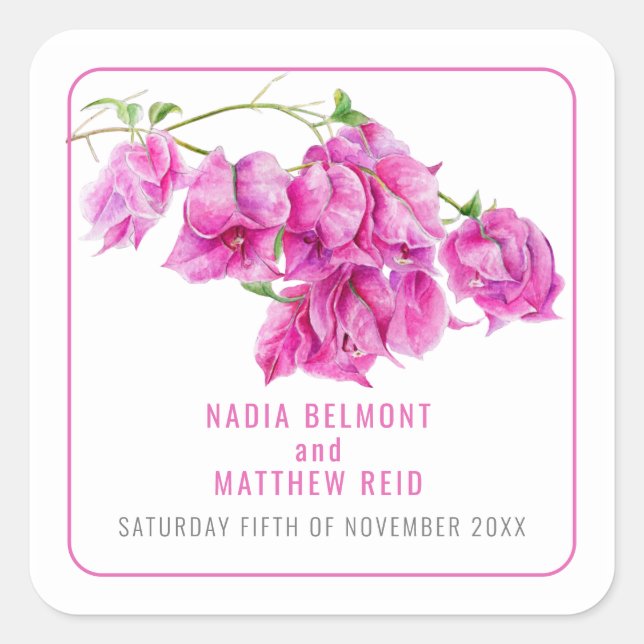 Bougainvillea pink watercolor wedding favour square sticker (Front)