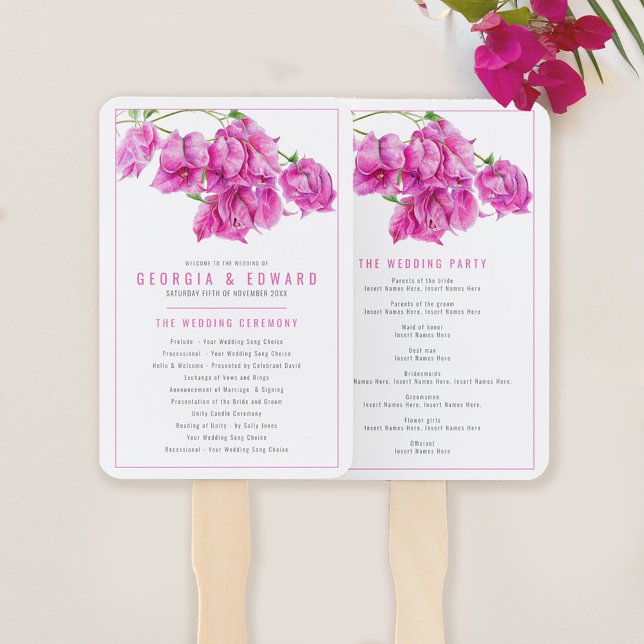 Bougainvillea pink watercolor wedding program hand fan (Creator Uploaded)