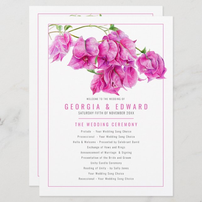 Bougainvillea pink watercolor wedding program programme (Front/Back)