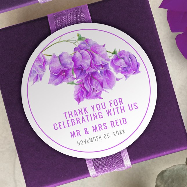 Bougainvillea purple watercolor wedding favour classic round sticker (Creator Uploaded)