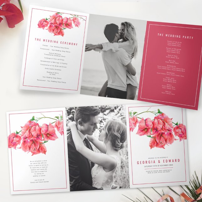 Bougainvillea red flowers watercolor wedding Tri-Fold programme (Creator Uploaded)