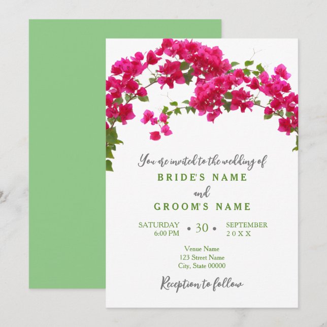 Bougainvillea tropical green fuchsia wedding invitation (Front/Back)