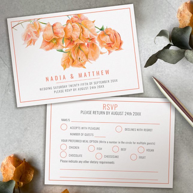Bougainvillea watercolor orange white wedding meal RSVP card (Creator Uploaded)