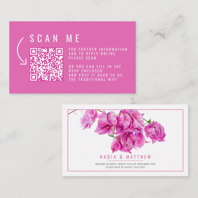 Bougainvillea watercolor pink wedding QR code Enclosure Card (Front/Back)
