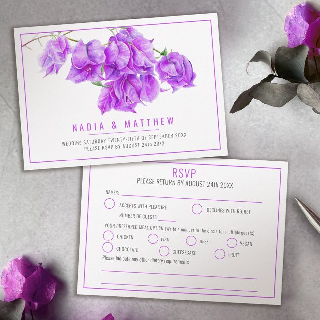 Bougainvillea watercolor purple white wedding meal RSVP card (Creator Uploaded)
