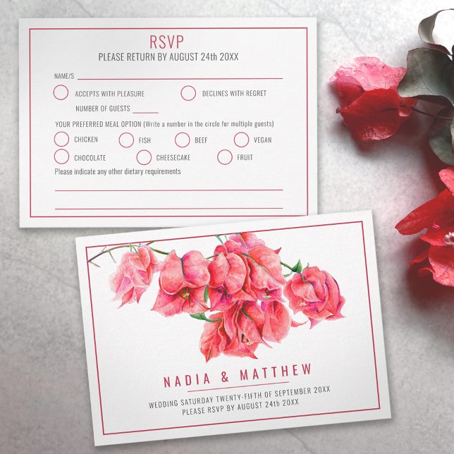 Bougainvillea watercolor red pink wedding meal RSVP card (Creator Uploaded)