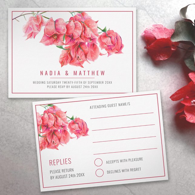 Bougainvillea watercolor red pink white wedding  RSVP card (Creator Uploaded)