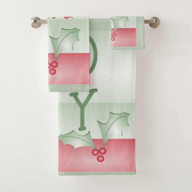 Boughs of Holly Light Green Pink Christmas Bath Towel Set (Insitu)