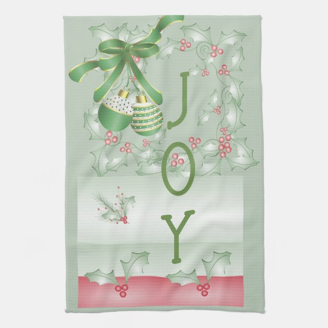Boughs of Holly Light Green Pink Christmas Tea Towel (Vertical)