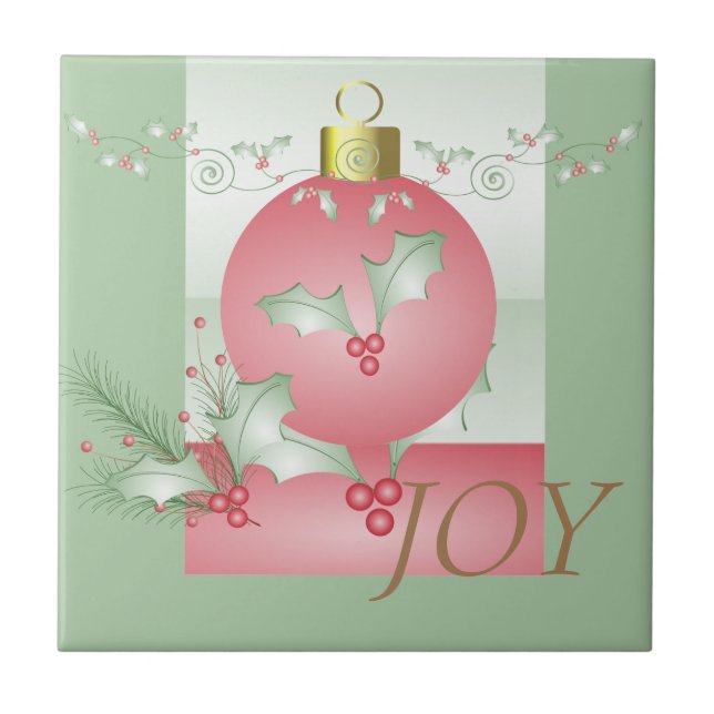 Boughs of Holly Light Green Pink Christmas Tile (Front)