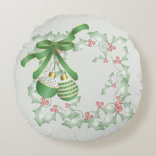 Boughs of Holly Light Green Pink Round Cushion