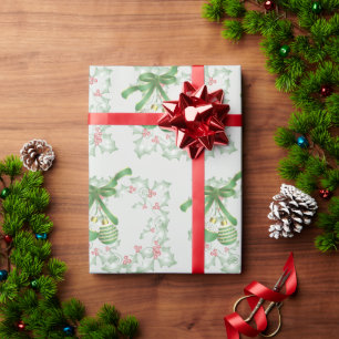 Boughs of Holly Light Green Pink Wrapping Paper