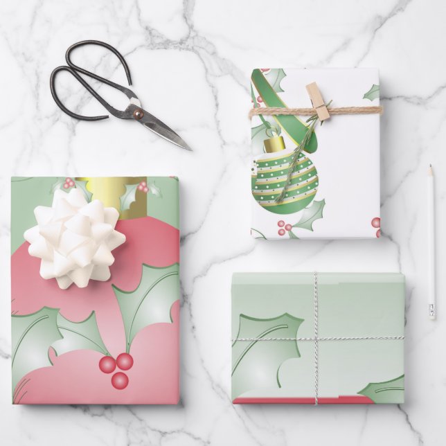 Boughs of Holly Light Green Pink Wrapping Paper Sheet (Front)