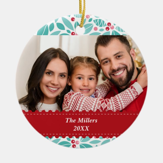 Boughs of Holly Red Ribbon Custom Photo Ceramic Tree Decoration (Front)