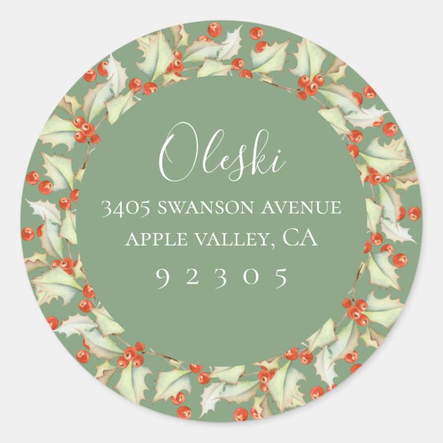 Boughs Of Holly Wreath Return Address Sticker (Front)