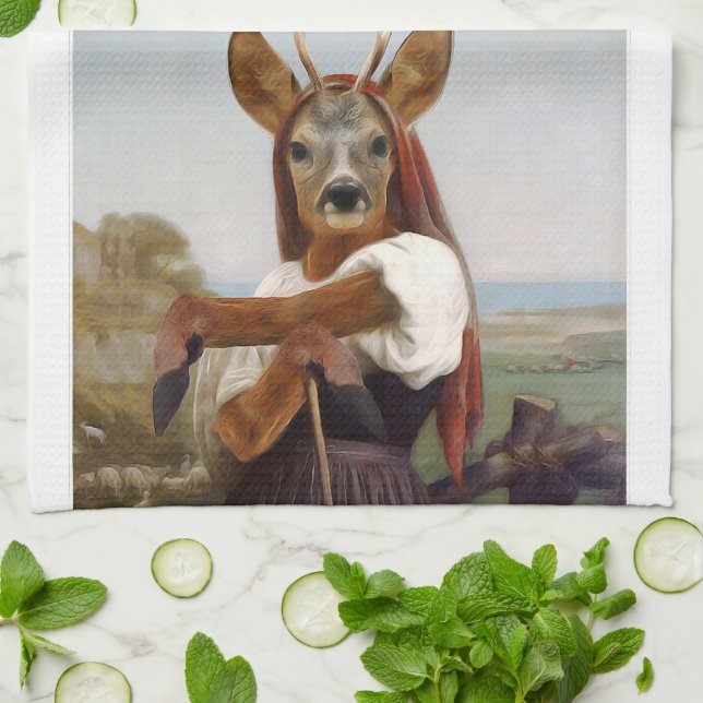 Bouguereau Deer Shepherdess Tea Towel (Folded)