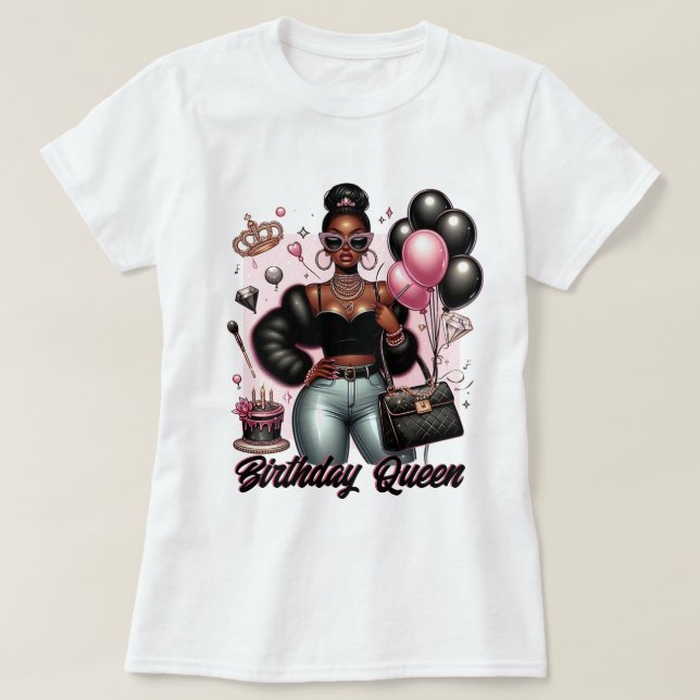 Boujee African American Woman Birthday Queen T-Shirt (Design Front)