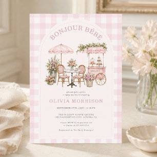 Boujour Bebe Cafe Pink Gingham Girl Baby Shower  Invitation