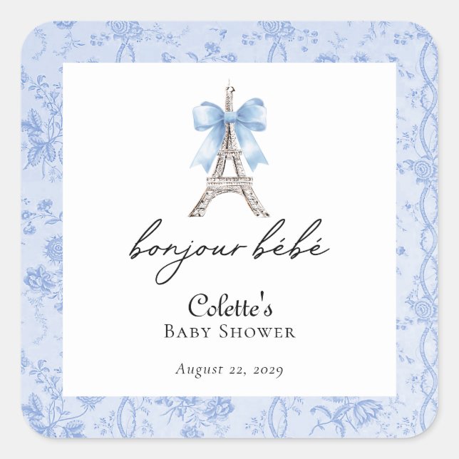 Boujour Bebe Paris French Toile Blue Baby Shower Square Sticker (Front)