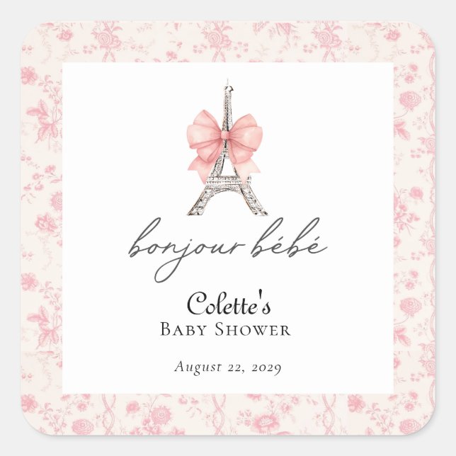 Boujour Bebe Paris French Toile Pink Baby Shower Square Sticker (Front)