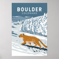 Boulder Colorado Cougar Retro Travel Art Vintage
