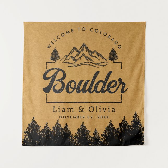 Boulder Colorado Wedding Minimalist Welcome Tapestry (Front)
