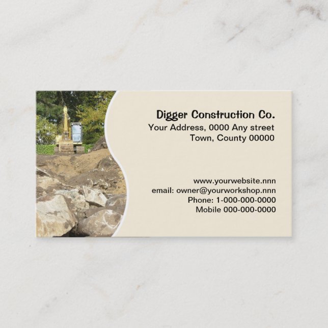 Boulders and yellow excavator business card (Front)