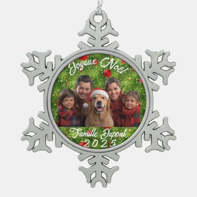 Boule de Noël Photo Famille Personnalisée Snowflake Pewter Christmas Ornament (Front)