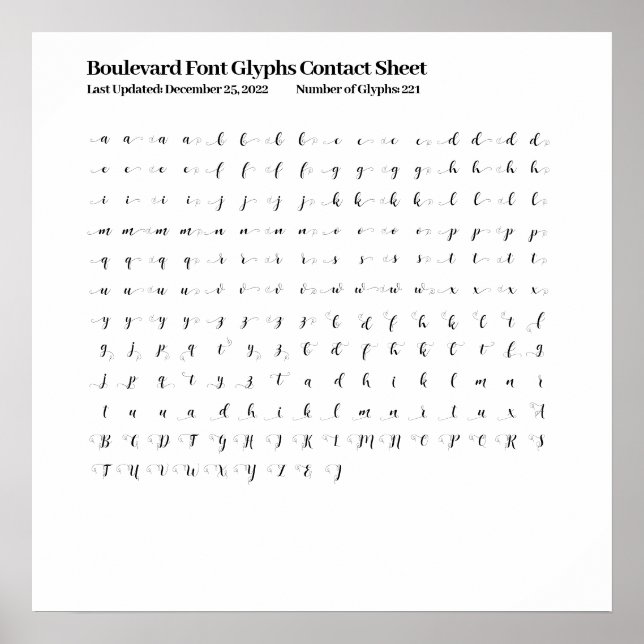 Boulevard Font Glyphs Contact Sheet Poster (Front)